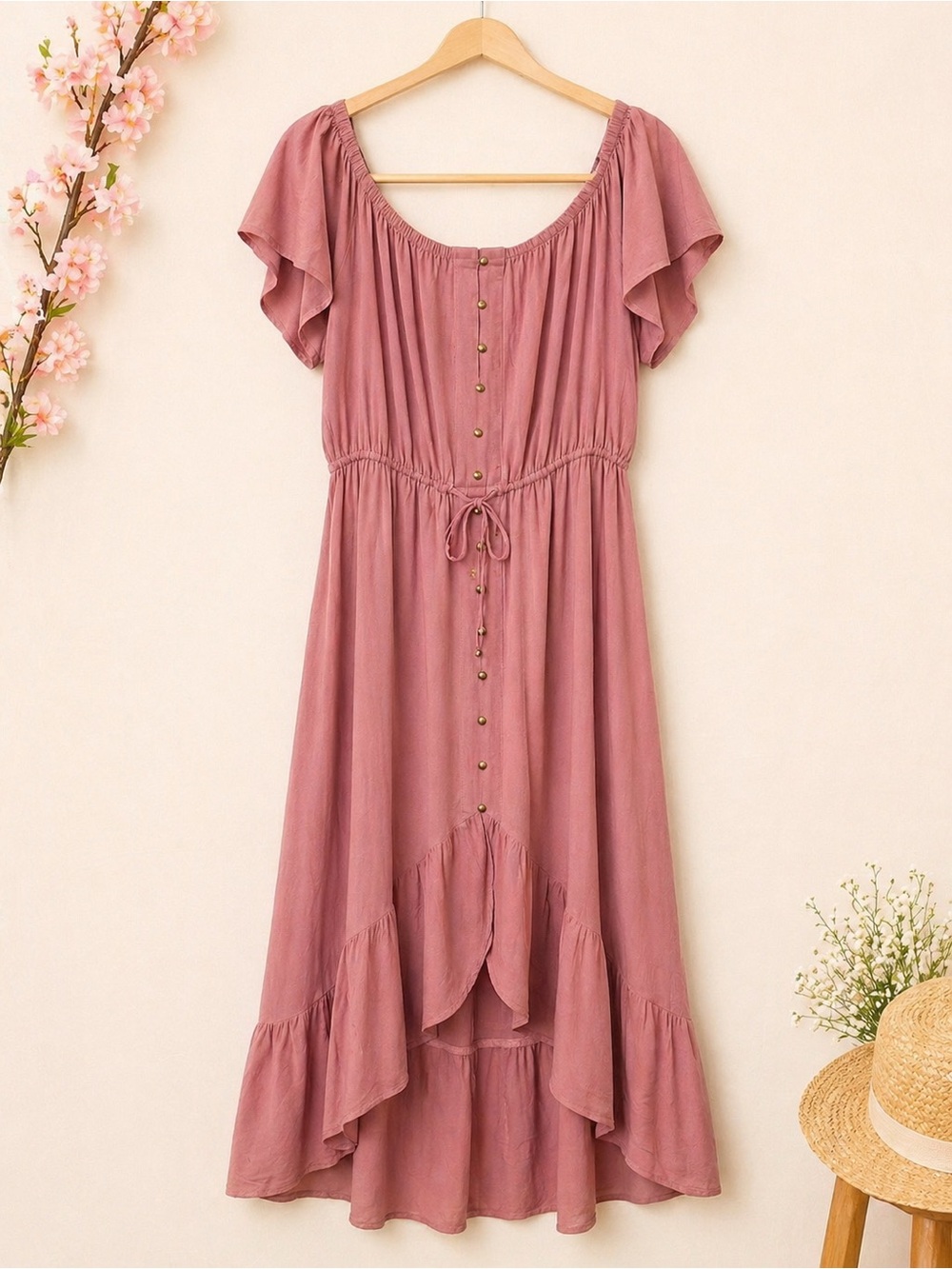 Indigo Rose Pink Boho Midi Dress Button Front Cottagecore Flowy 2X